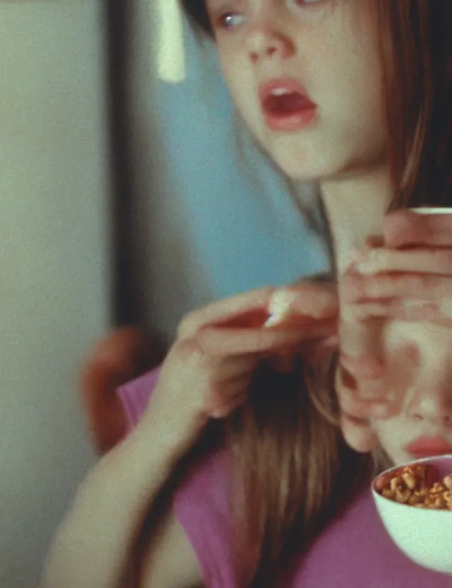 Image similar to young courtney cox eating cereal in an oversized shirt, redshift, colour shift, wide shot, coloured polaroid photograph, pastel, kodak film, hyper real, stunning moody cinematography, by maripol, fallen angels by wong kar - wai, style of suspiria and neon demon, david hockney, detailed, oil on canvas