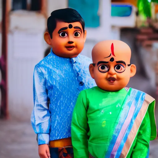 Image similar to portrait photo still of real life motu patlu, 8 k, 8 5 mm f 1. 8