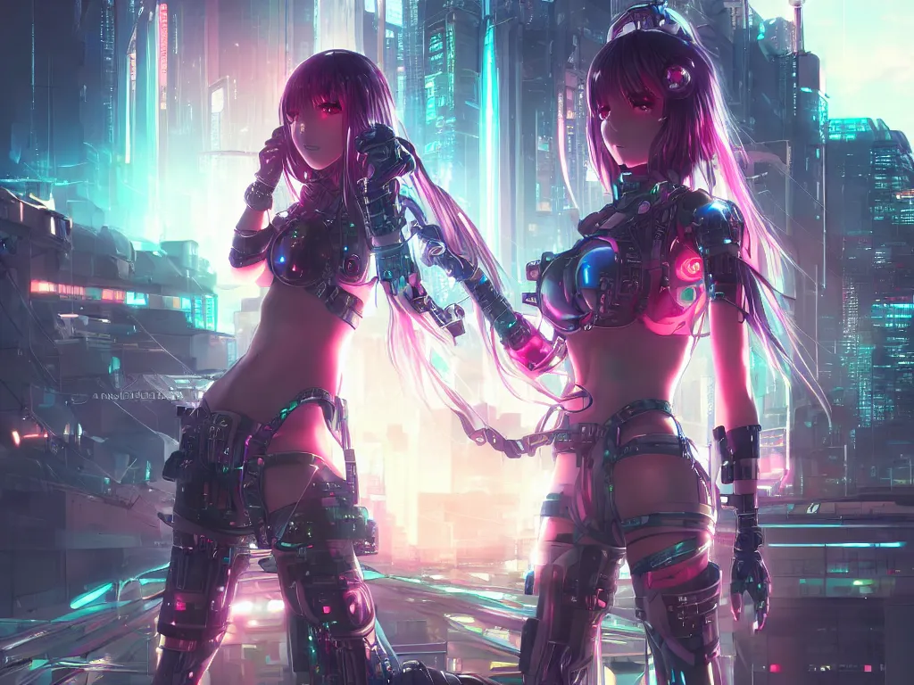 Image similar to anime visual of portrait futuristic cyber warrior girl, in future cyberpunk tokyo rooftop, ssci - fi, fantasy, intricate, very very beautiful, elegant, neon light, highly detailed, digital painting, artstation, concept art, smooth, sharp focus, illustration, art by wlop and tian zi and artgerm