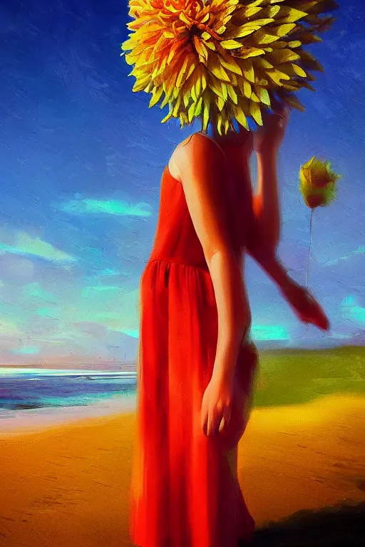 Image similar to closeup huge dahlia flower head, girl with dress on beach, surreal photography, blue sky, sunrise, dramatic light, impressionist painting, digital painting, artstation, simon stalenhag