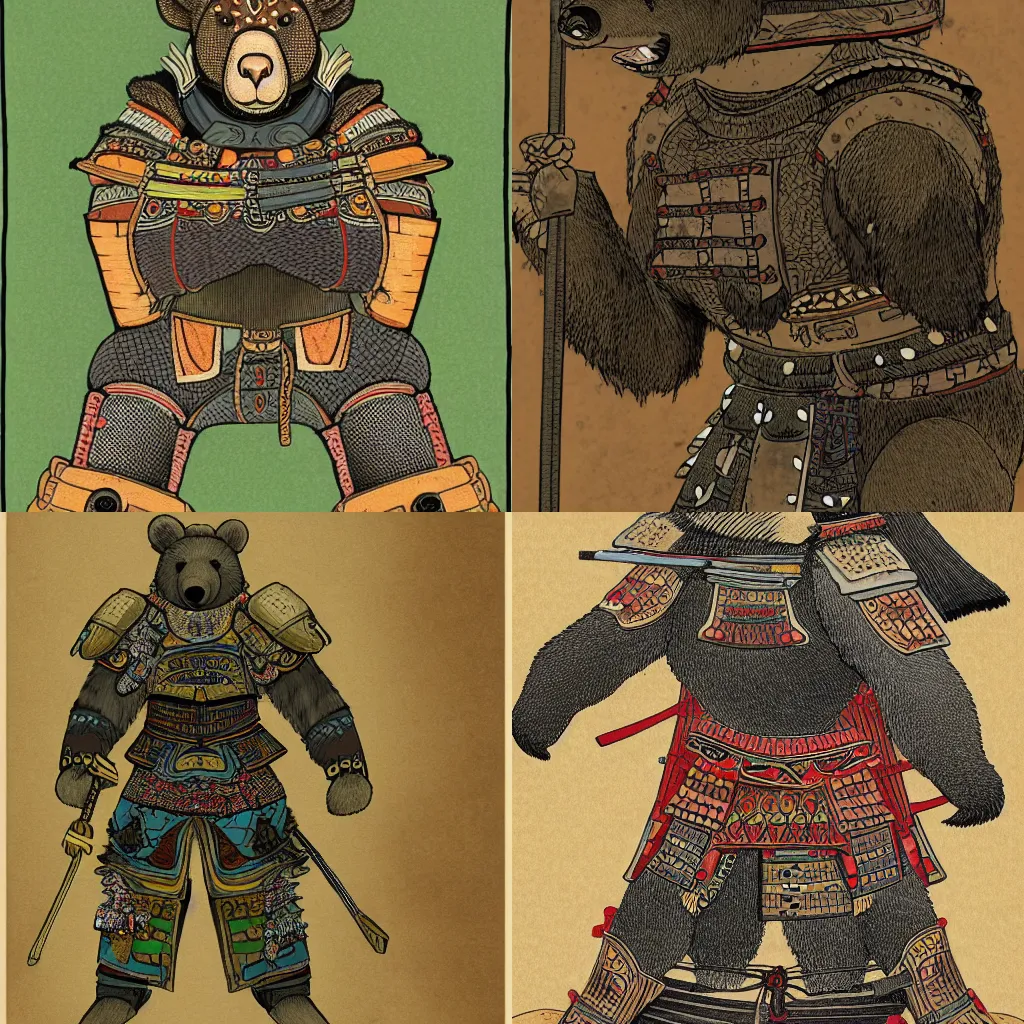 Prompt: a detailed illustration of an anthromorphized bear wearing samurai armour