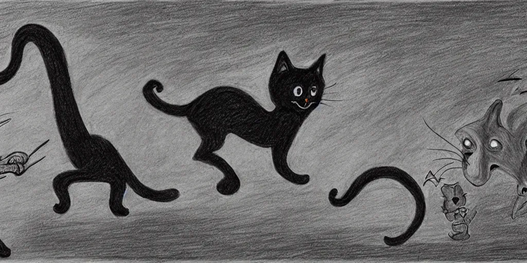 Image similar to a detailed drawing of a surprised black cat, behind a smurf and a demon, modulated line