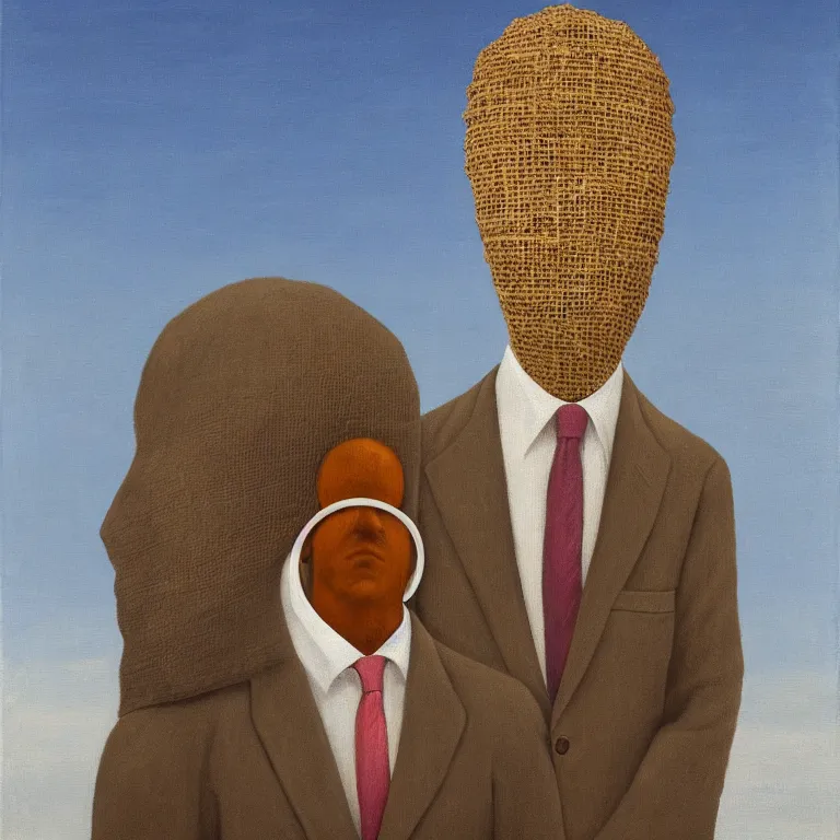 Image similar to portrait of a faceless burlap sack - head man in a suit, clouds in the background, by rene magritte, detailed painting, distance, centered, hd, hq, high resolution, high detail, 4 k, 8 k