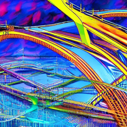 Prompt: extremely colorful, award winning digital art 4 k ultra detailed, milwaukee hoan bridge illustrated by andrew android jones