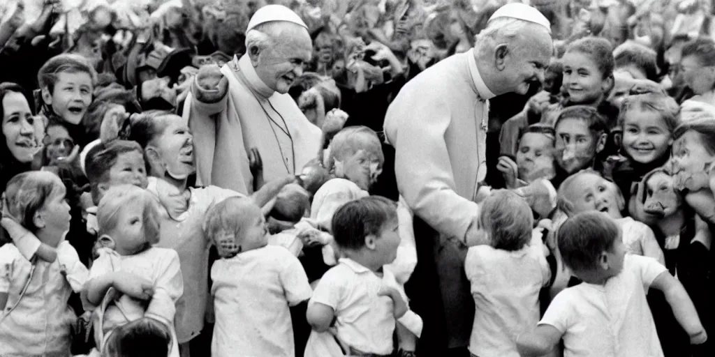 Image similar to John Paul II with a smirk on his face surrounded by children