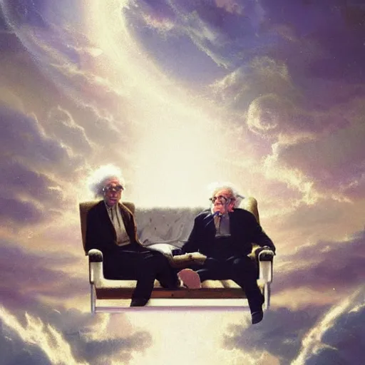 Image similar to einstein and stephen hawking sitting on a pearly couch in heaven, having deep discussions, thoughtful, angels, clouds, very bright lights, pillars, by greg rutkowski, trending on artstation