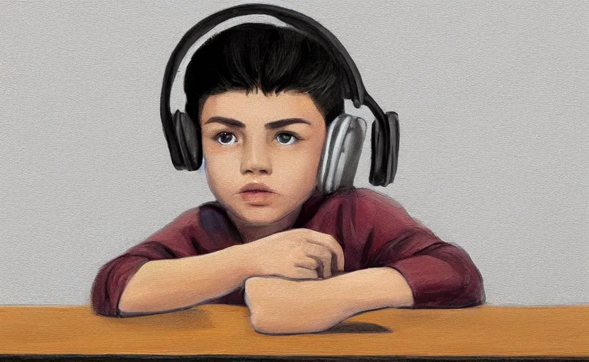 Image similar to a boy with headphones sitting on a table in a cafe with a coffee, digital art, digital painting, masterpiece, concept art, trending on deviantart, highly detailed, high quality, anatomically correct, five fingers, cinematic, high coherence, soft lighting, soft colors, beautiful, elegant, short black hair, 4 k, symmetrical, realistic and detailed face, cartoon