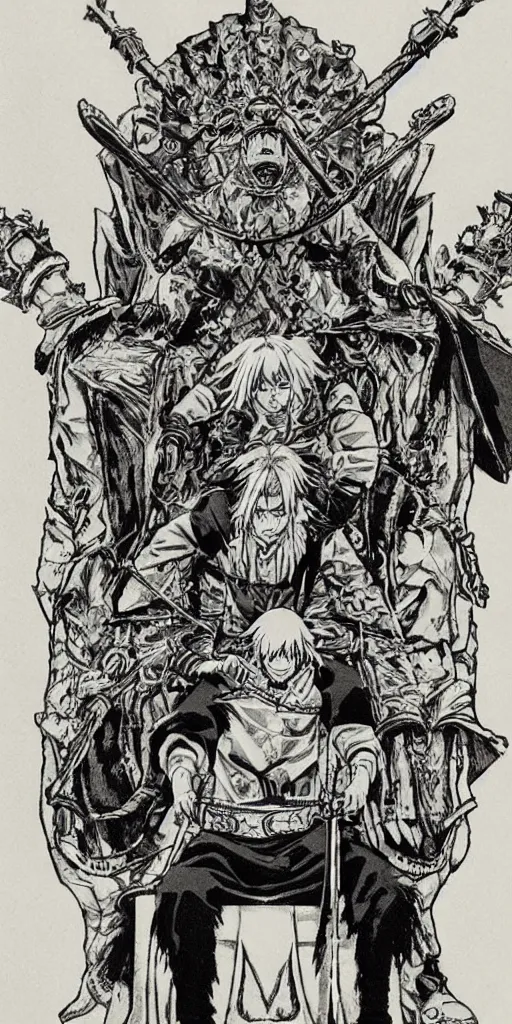 Image similar to a king on a throne drawn by Makoto Yukimura in the style of Vinland saga anime