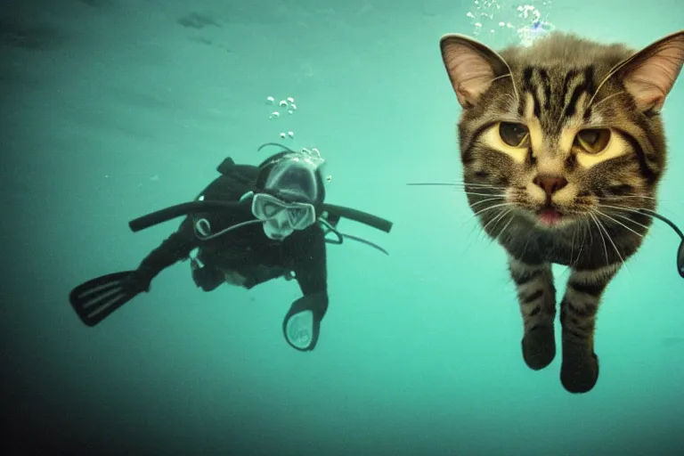 Prompt: a cat dressed as a scuba diver swimming underwater, photo-realistic low lighting, creepy, vast, shot by a camera,