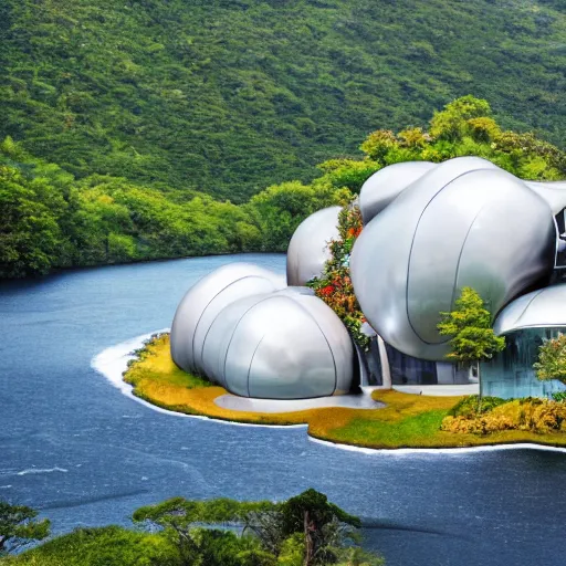 Image similar to a futuristic modern house, on a floating rock island, alien planet covered in water, multiple waterfalls, multiple moons glowing, stars, frank gehry