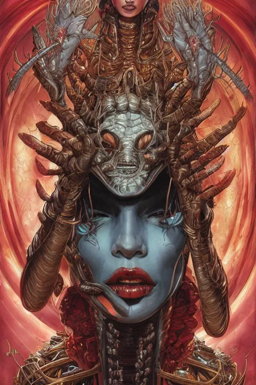 Prompt: portrait of crazy alien queen, symmetrical, by juan gimenez and brom and karol bak