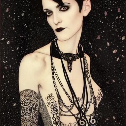 Image similar to death, a beautiful pale goth girl wearing a black vest and black punk hair, an ankh medallion hangs around her neck. the actress winona ryder, portrait by joshua middleton and gustav klimt, vertigo comic