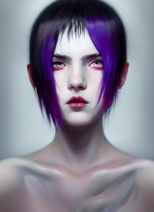 Image similar to portrait of teenage girl with white bangs, red irises, bangs, black and white hair, purple clothes, white bangs, two color hair, black hair and white bangs, intricate, elegant, glowing lights, highly detailed, digital painting, artstation, concept art, smooth, sharp focus, illustration, art by wlop, mars ravelo and greg rutkowski