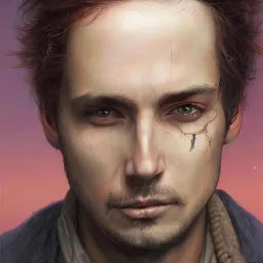 Image similar to a head - on portrait of a 2 0 - something man, brown messy hair, by wayne barlowe and charlie bowater