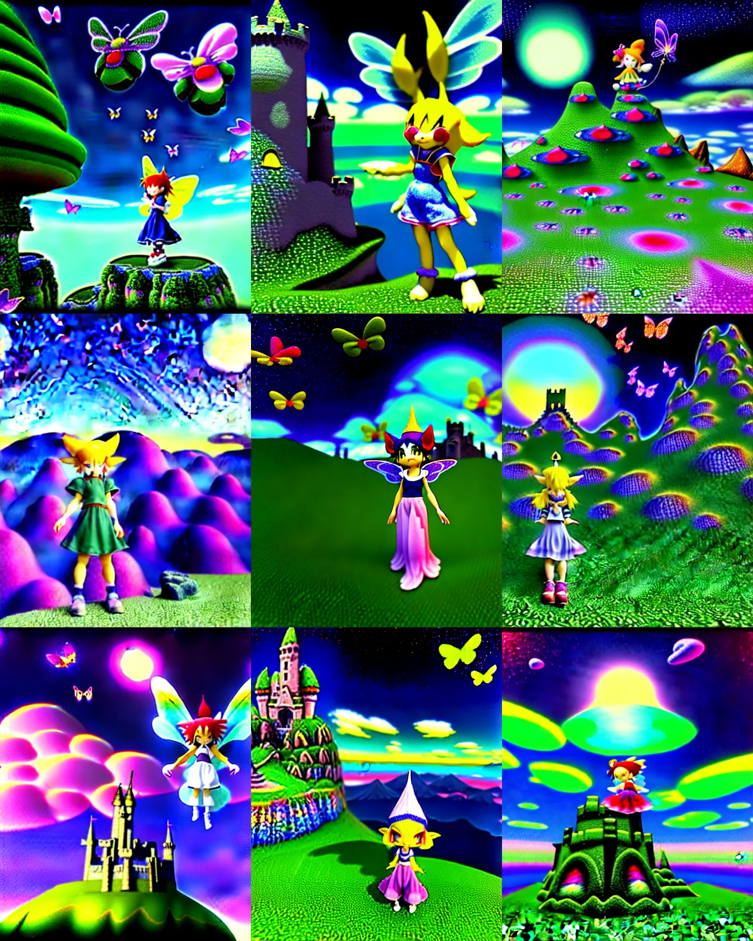 Prompt: 3 d render of chibi wizard klonoa fairy standing in raytraced mountain landscape with castle ruins against a psychedelic surreal background with 3 d butterflies and 3 d flowers n the style of 1 9 9 0's cg graphics against the cloudy night sky, lsd dream emulator psx, 3 d rendered y 2 k aesthetic by ichiro tanida, 3 do magazine, wide shot