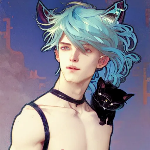 Image similar to Portrait of a pretty fantasy catboy with blue hair and cute small cat ears. Art by Greg Rutkowski and Alphonse Mucha