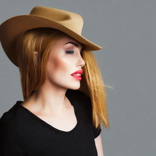 Image similar to portrait of 2 3 - year - old woman with angle lost profile looking away, happy women, cinematic colors, medium yellow blond hair, brown hat, hair comes out of the hat a little, caracter look like angelina jolie