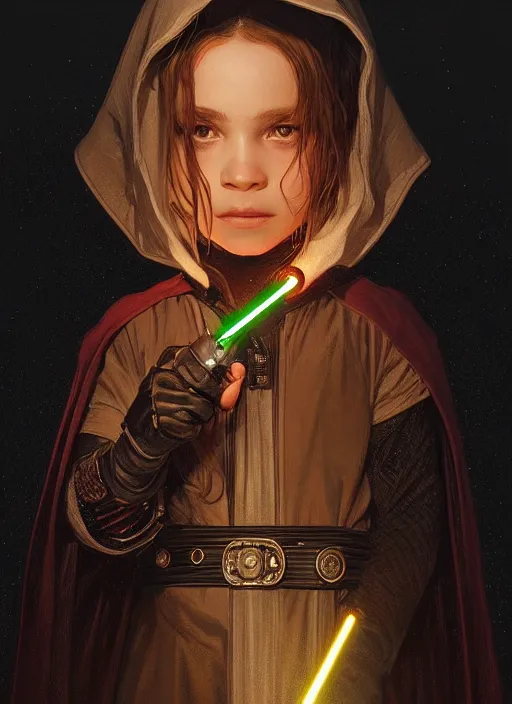 Image similar to perfectly - centered - portrait of a kid wearing black cloak holding light saber, intricate, highly detailed, digital painting, artstation, concept art, smooth, sharp focus, illustration, unreal engine 5, 8 k, art by artgerm and greg rutkowski and alphonse mucha