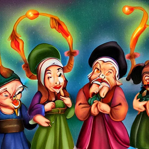 Prompt: seven dwarves in catholic religious garb with halos, background of poison apples, digital painting, glow art deco - n 7