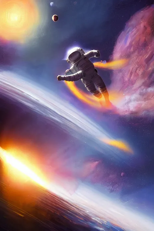 Prompt: long shot from behind of an astronaut floating alone in space silhouetted against an exploding star, dramatic backlighting, somber, golden hour, low-key lighting, kodachrome, color contrast, high contrast, highly detailed, sharp focus, digital painting, concept art, illustration, trending on artstation, art by greg rutkowski + greg hildebrandt + alphonse mucha