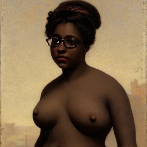 Prompt: body and face portrait of a beautiful woman librarian wearing rimmed glasses and a plunging decolletage neckline, kinked hairbun, by william-adolphe bouguereau, trending on bbwchan, oil on canvas, ebony darkskinned