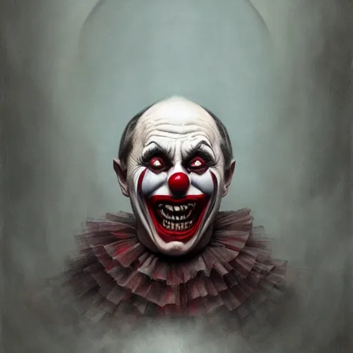 Image similar to vladimir putin, horror clown costume, red nose jester, macabre, stuning 3 d render, masterpiece, dark, by donato giancola and greg rutkowski and wayne barlow and zdzisław beksinski, realistic face