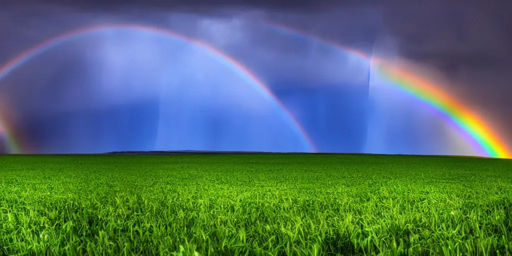 Image similar to detailed fields nature, super storm, full rainbow, impressive, atmospheric, god rays, cinematic, deep colors, deep blue, very high complexity, stunning, masterpiece, 3 5 mm, very detailed. 4 k