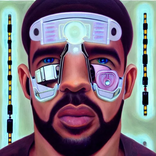 Image similar to a realistic oil painting of drake as a cybernetic cyborg, surrealism portrait, surrealism album cover