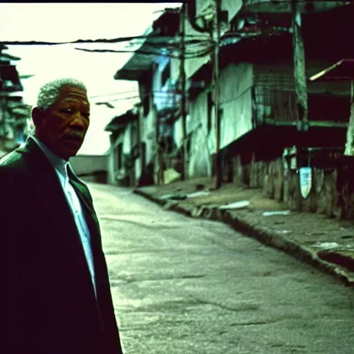 Prompt: a film still of Morgan Freeman as Hitman (2007), favela, sunset