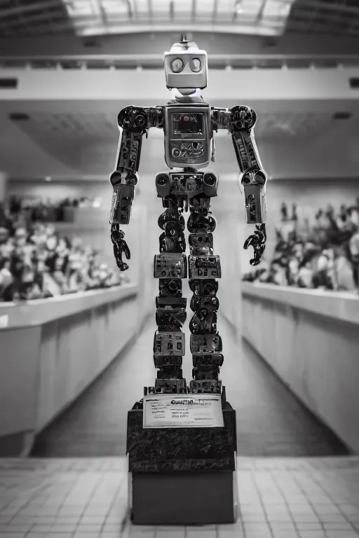 Prompt: a portrait photo of a extremely detailed robot wearing a graduation hat standing in a grand hall. nikon z 9. 5 0 mm, f / 1. 8 photography.