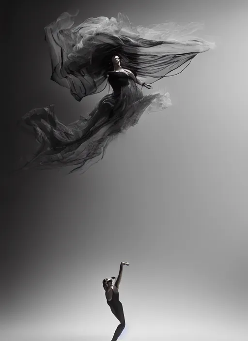 Image similar to a Photorealistic dramatic hyperrealistic render of a glamorous beautiful Female smoke dancer by Ken Brower and Deborah Ory of NYC Dance project,Lois Greenfield,Flowing cloth and smoke,Beautiful dynamic dramatic dark moody lighting,volumetric,shadows,cinematic atmosphere,Octane render,8K