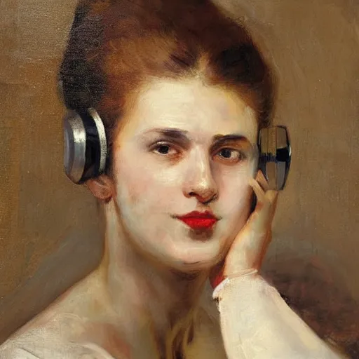 Prompt: a painting of a woman wearing vr goggles by repin.