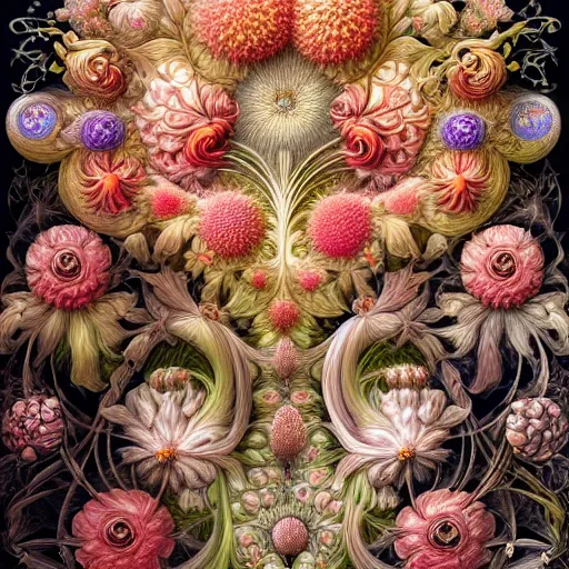 Prompt: an ultra hd detailed painting of many different types of flowers by Android Jones, Earnst Haeckel, James Jean. behance contest winner, generative art, Baroque, intricate patterns, fractalism, movie still, photorealistic