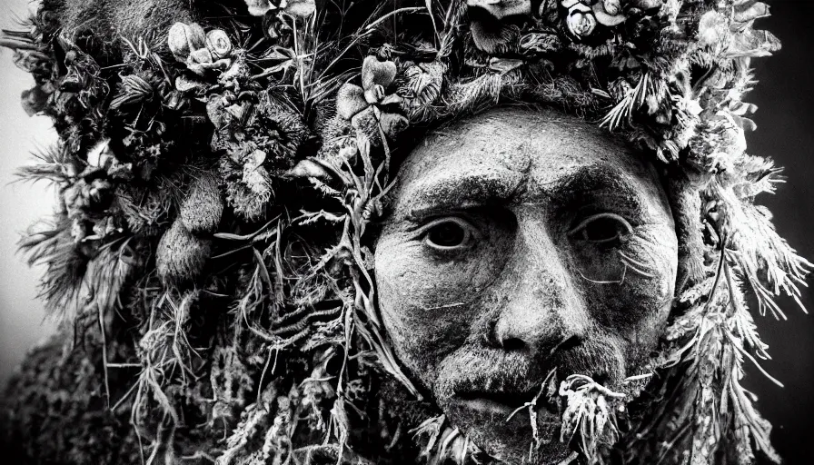 Prompt: portrait of a tyrolean folklore mask, dolomite, forest, wearing hay coat, with horns, eerie, flowers growing out of his body, detailed intricate insanely detailed octane render, 8k artistic 1920s photography, black and white, grainy, photorealistic, chiaroscuro, by David Cronenberg, Raphael, Caravaggio