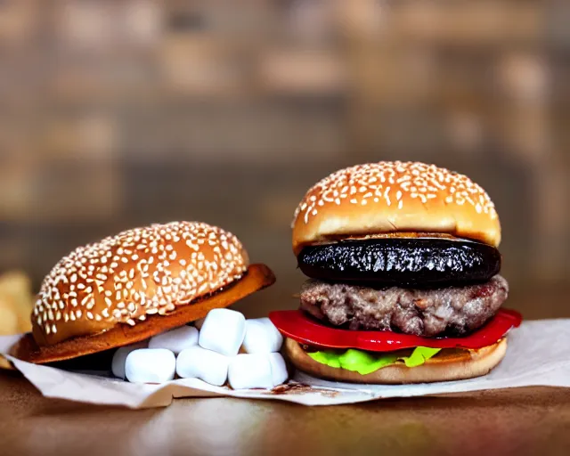 Prompt: dslr food photograph of burger with some marshmallows in it, some chocolate sauce, 8 5 mm f 1. 4