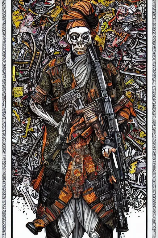 Image similar to taliban anarchy. symmetrical anatomy, very detailed design, complexity of the picture, with pop punk style, colorful, accompanied by body, pure image without duplication, dribble popular, drawn by vinicius gud and gustavo zambelli, intricate, hdd