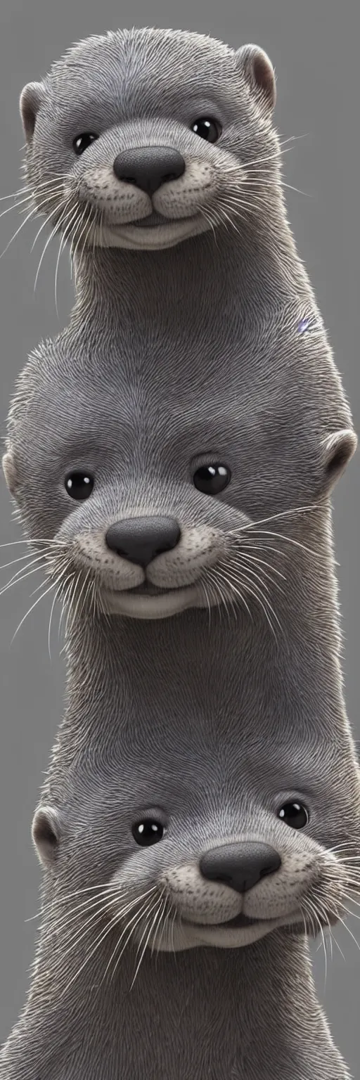 Image similar to portrait of lots of cute gray otters in the style of zootopia. volumetric lighting, subsurface scattering, hyperrealistic, render, hyperdetailed