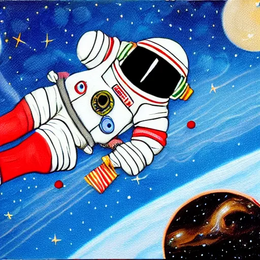 Image similar to painting of astronaut cat in space, candy canes in space, candy cane asteroid belt, candy canes flying in space, cat in astronaut suit in space, cat astronaut avoiding candy cane asteroids, astronaut cat