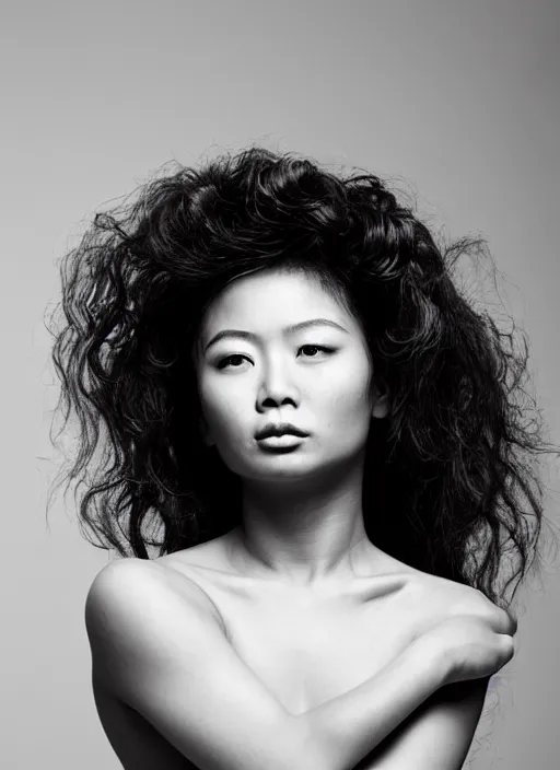 Prompt: a portrait of a topless asian woman by justin ridler, beautiful, elegant, big curly hair,