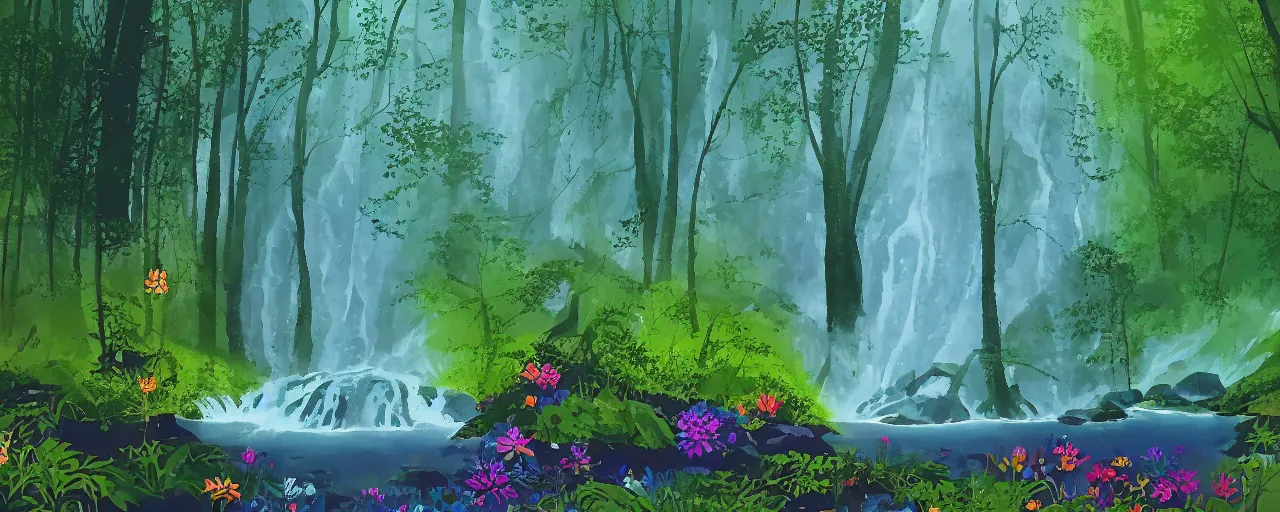 Image similar to deep forest, rainbow river waterfall, waterfall wall splitting, light shimmers, water mists, stones, wild flowers, subtle color variations, summer rain, gentle mists, a white robed benevolent magician clothed in a royal garment in contemplation meditating upon God, by Eyvind Earle and Mary Blair