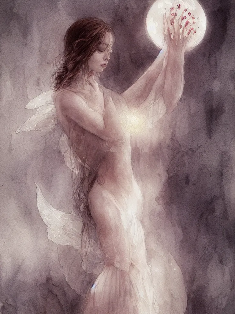 Image similar to study of a flower fairy, holding glowing white orb in hands, illustration, watercolor, alan lee, detailed, pretty, ethereal, realistic, refined, beautiful, artstation,