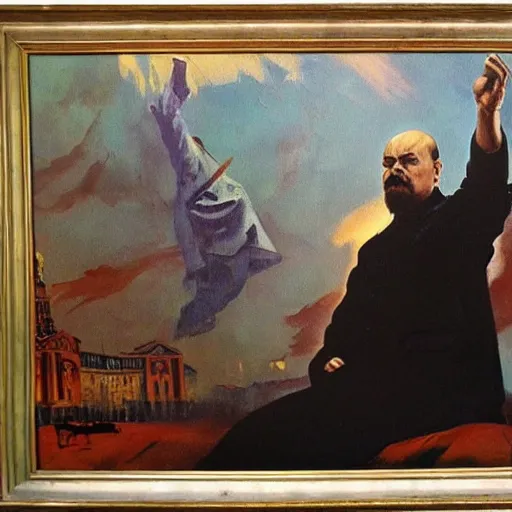 Prompt: dramatic oil painting of vladimir lenin, painted by frank frazetta, propaganda poster