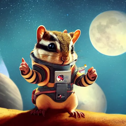 Prompt: an adorable chipmunk in a chimpunk astronaut suit on the moon, digital painting, detailed, trending on artstation, in the style of dominik mayer, thomas dubois, gaston bussiere, 8 k, octane render