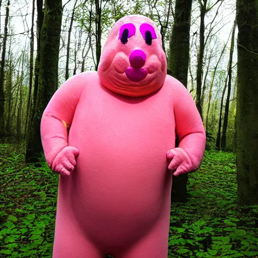 Image similar to photo of Mr Blobby chasing you through the woods