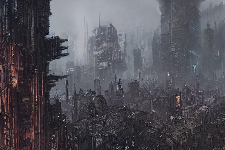 Prompt: dreary brutalist dieselpunk cyberpunk dystopian city skyline, overrun with buildings, towers and clouds of pollution, digital illustration by craig mullens, dan mumford, frank franzetta, greg rutkowski, intracate linework, sharp focus, smooth