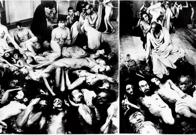 Image similar to smoke session for the ages: Gandhi , Obama, Jesus, And Lady GaGa in a circle on the floor getting high by Andy Warhol and Edward Curtis