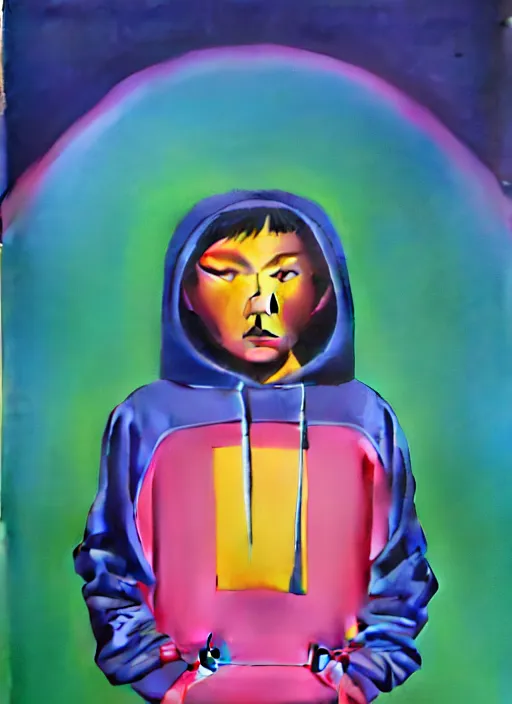 Image similar to kid wearing a hoodie by shusei nagaoka, kaws, david rudnick, airbrush on canvas, pastell colours, cell shaded, 8 k,