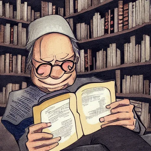 Prompt: detailed 2 d illustration pictures a old man read manga while sitting on his library white bokeh, details and cinematic in the style of banksy and alex ross