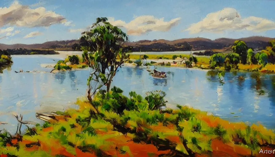 Prompt: impressionist painting by antoine blanchard of the manning river in taree australia