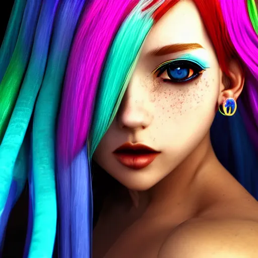 Prompt: beautiful 3d anime girl with rainbow colored hair, long braids, multi colored teal eyes, full lips, freckles, multiple earrings, elf ears, cinematic lightning, bust shot, highly detailed, trending on Artstation, Unreal Engine 4k, cinematic wallpaper